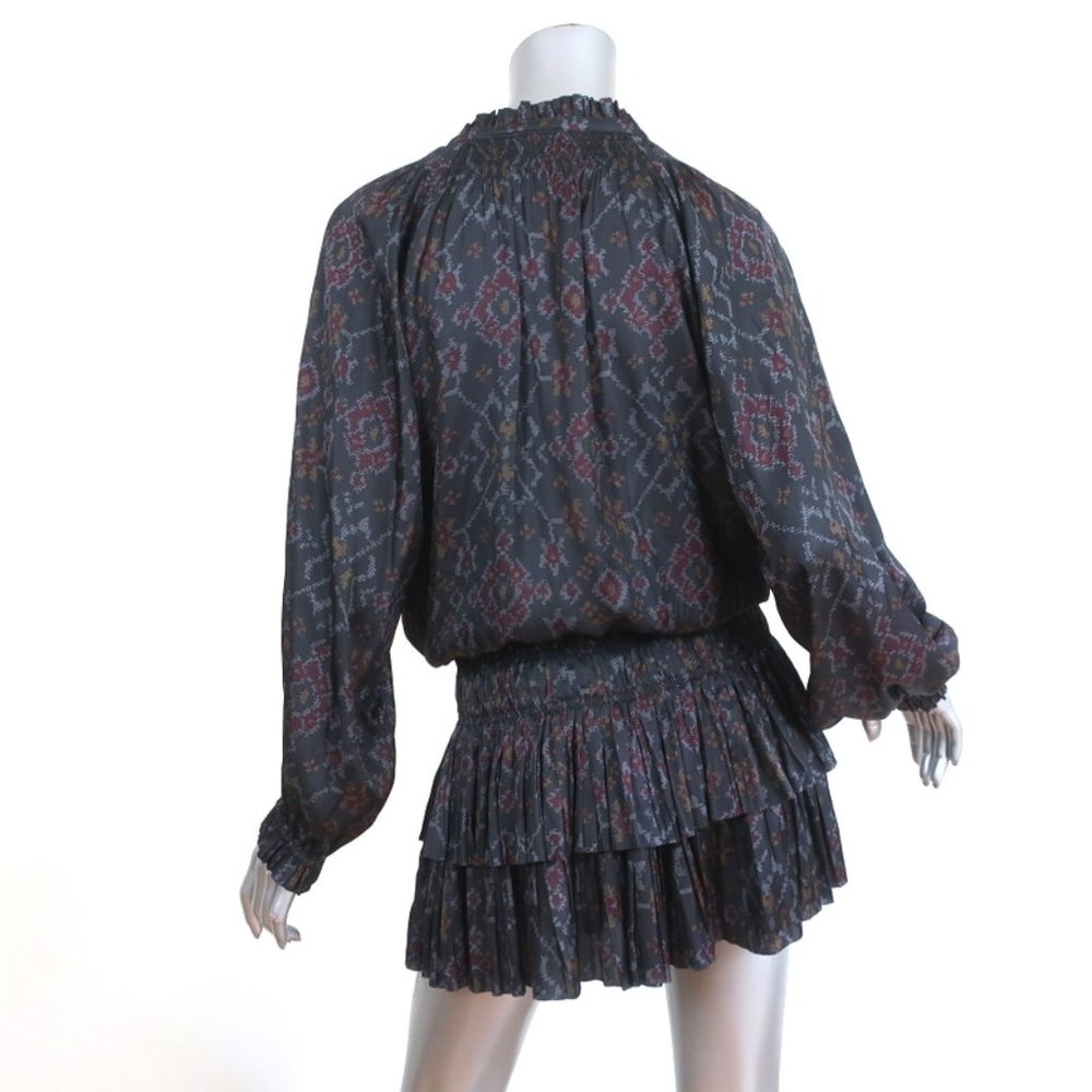 ULLA JOHNSON MINI DRESS PIERA CHARCOAL PRINTED PLEATED SATIN SIZE 2 LONG SLEEVE - Picture 5 of 8